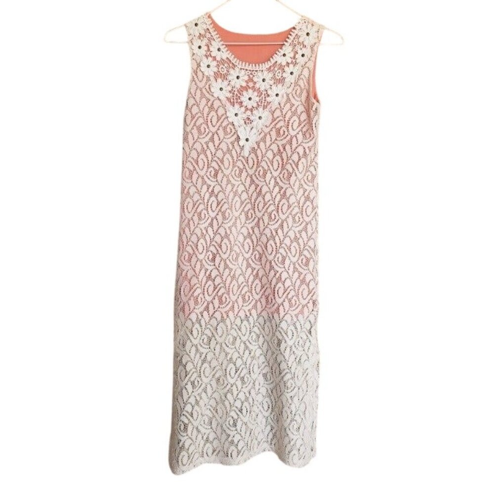 Beautees Girls Sleeveless Maxi Dress Cream Crochet Embellishments Cottagecore